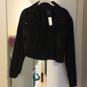 Love tree cropped black denim jacket